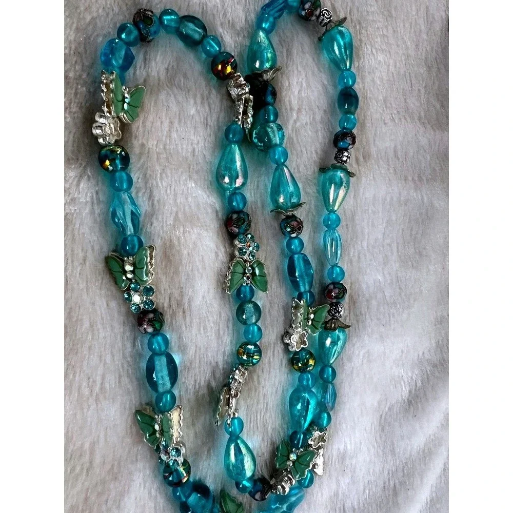 Turquoise Glass Bead Necklace Butterflies Lampwork Foil‎ Artisan 27